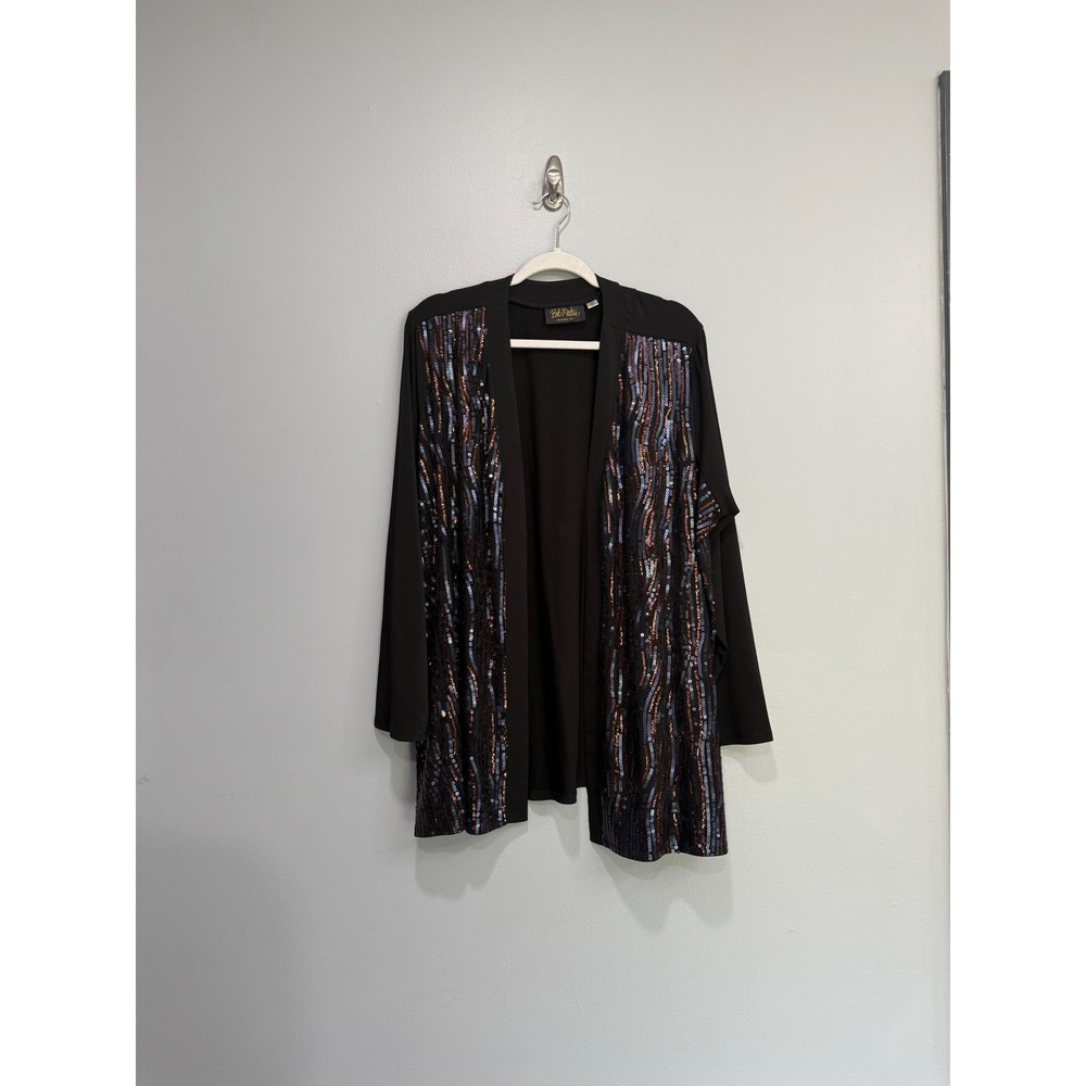 Bob Mackie Wearable Art Black Sequin Open Front Cardigan Jacket 3X Plus thin